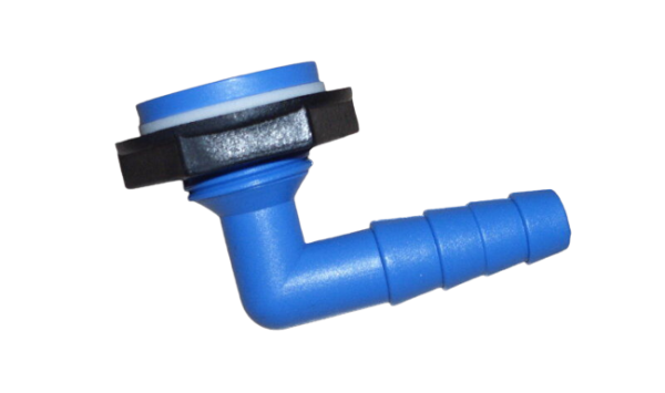 Schlauchanschluss Tankanschluss flach 10/12 mm 90° blau mit Mutter und Dichtung